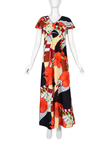 Hukilau Fashions Vintage 1970s Multicolor Floral Op Art Print Maxi Dress