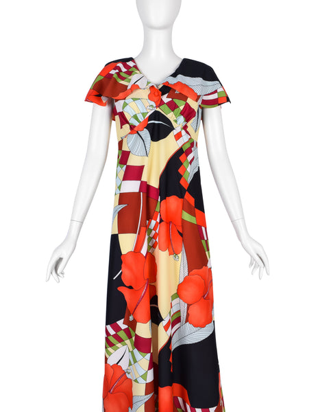 Hukilau Fashions Vintage 1970s Multicolor Floral Op Art Print Maxi Dress