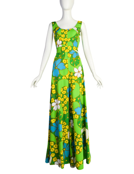 Vintage 1970s Vibrant Green Yellow Blue Floral Extreme Elephant Bells Palazzo Jumpsuit