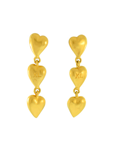 Karl Lagerfeld Vintage Golden Matte Triple Heart Dangle Earrings