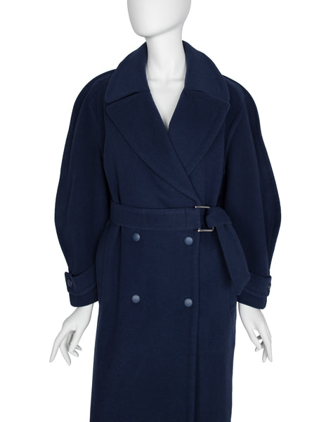 Thierry Mugler Vintage 1980s Navy Blue Wool Belted Coat