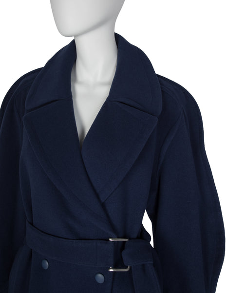 Thierry Mugler Vintage 1980s Navy Blue Wool Belted Coat