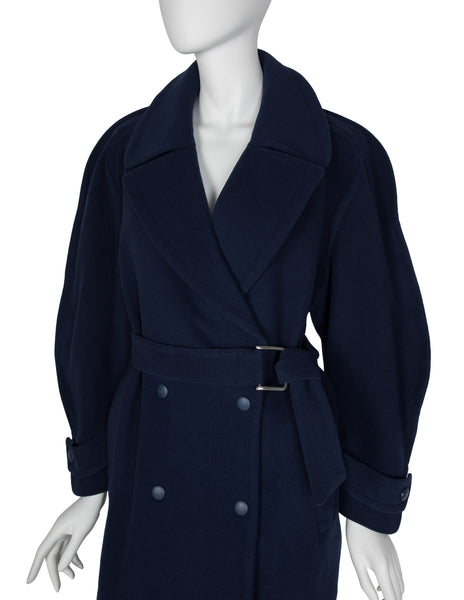 Thierry Mugler Vintage 1980s Navy Blue Wool Belted Coat