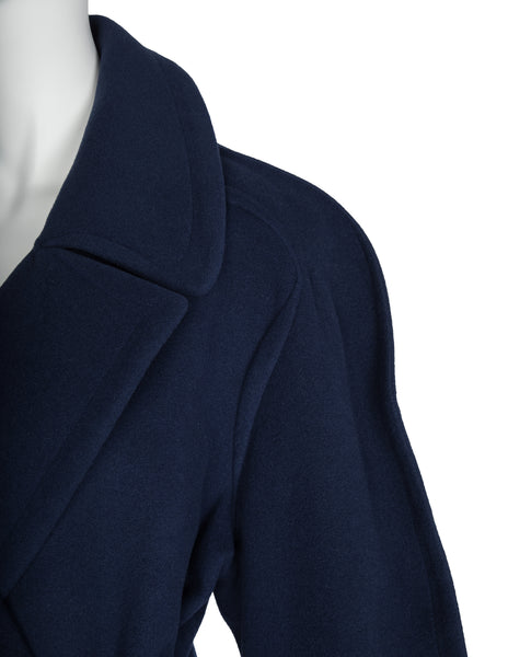 Thierry Mugler Vintage 1980s Navy Blue Wool Belted Coat