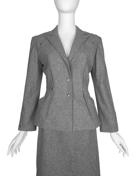 Thierry Mugler Vintage Early 1980s Grey Wool Jacket and Skirt Suit