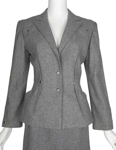Thierry Mugler Vintage Early 1980s Grey Wool Jacket and Skirt Suit