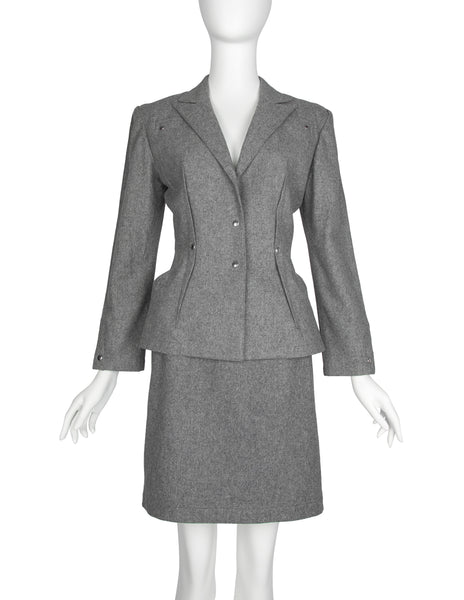 Thierry Mugler Vintage Early 1980s Grey Wool Jacket and Skirt Suit