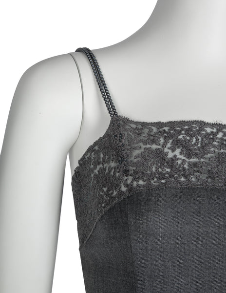 Christian Dior Vintage AW 1997 by John Galliano Grey Lace and Pearl Strap Mini Dress