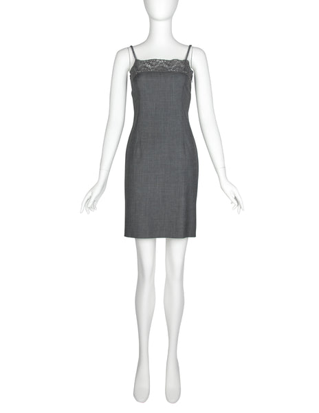 Christian Dior Vintage AW 1997 by John Galliano Grey Lace and Pearl Strap Mini Dress