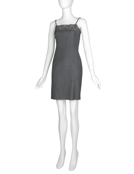 Christian Dior Vintage AW 1997 by John Galliano Grey Lace and Pearl Strap Mini Dress