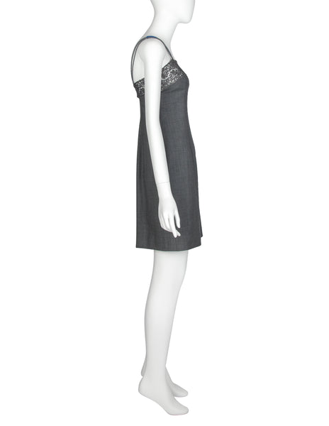 Christian Dior Vintage AW 1997 by John Galliano Grey Lace and Pearl Strap Mini Dress