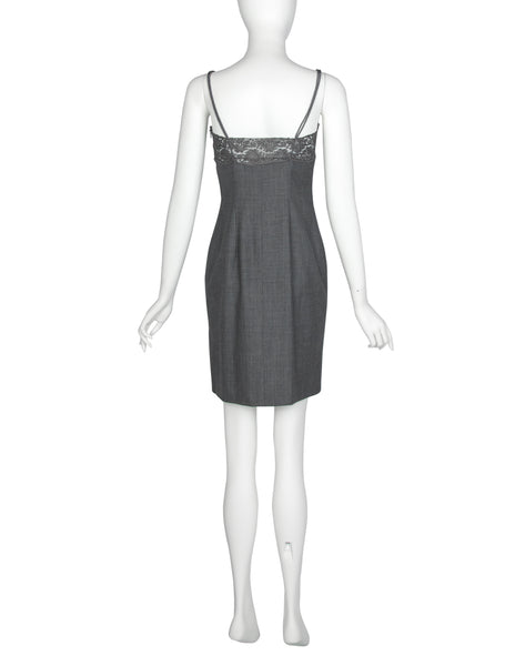 Christian Dior Vintage AW 1997 by John Galliano Grey Lace and Pearl Strap Mini Dress