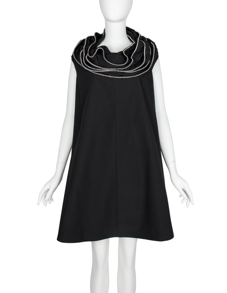 Junya Watanabe Vintage SS 2000 Rhinestone Trim Layered Collar Black A-Line Mini Dress