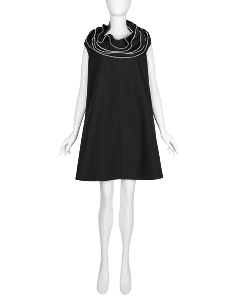 Junya Watanabe Vintage SS 2000 Rhinestone Trim Layered Collar Black A-Line Mini Dress