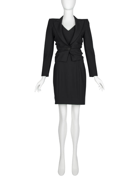 John Galliano Vintage SS 1998 Black Gathered Jacket and LBD Sheath Dress Ensemble