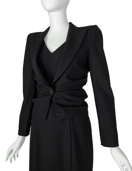 John Galliano Vintage SS 1998 Black Gathered Jacket and LBD Sheath Dress Ensemble