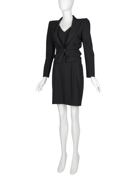 John Galliano Vintage SS 1998 Black Gathered Jacket and LBD Sheath Dress Ensemble