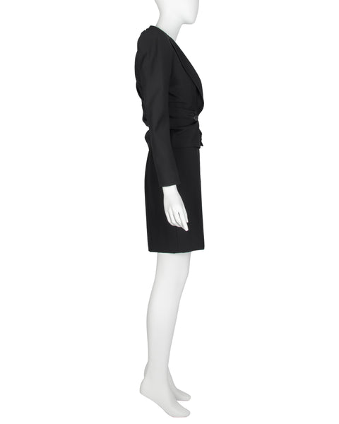 John Galliano Vintage SS 1998 Black Gathered Jacket and LBD Sheath Dress Ensemble
