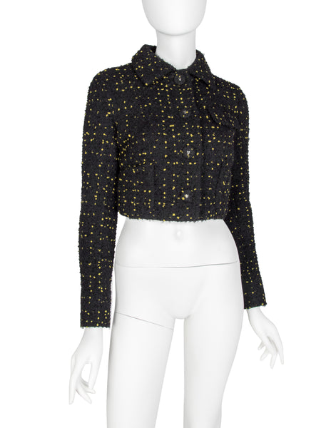 Atelier Versace Vintage 1996 Black and Yellow Tweed Boucle Cropped Jacket