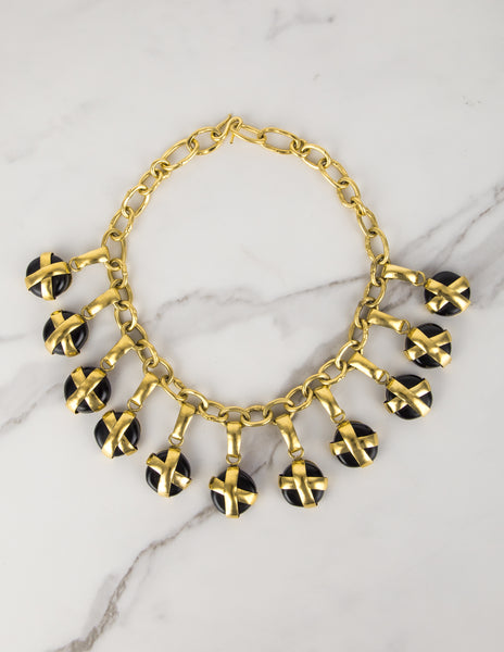 Frances Patiky Stein Vintage Black Gripoix Charm and Golden Chain Necklace