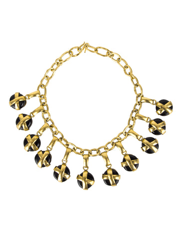Frances Patiky Stein Vintage Black Gripoix Charm and Golden Chain Necklace