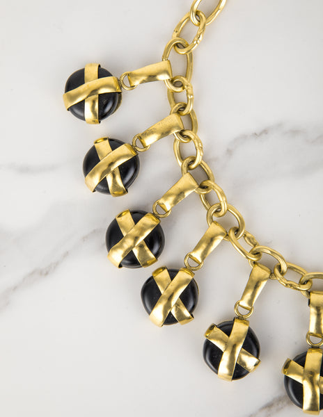 Frances Patiky Stein Vintage Black Gripoix Charm and Golden Chain Necklace
