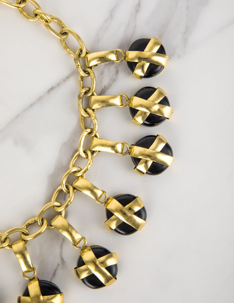 Frances Patiky Stein Vintage Black Gripoix Charm and Golden Chain Necklace