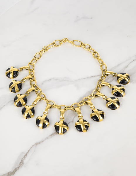 Frances Patiky Stein Vintage Black Gripoix Charm and Golden Chain Necklace