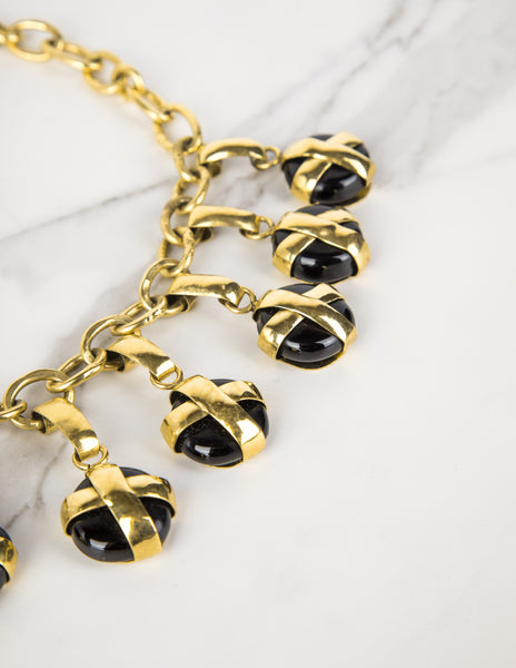 Frances Patiky Stein Vintage Black Gripoix Charm and Golden Chain Necklace