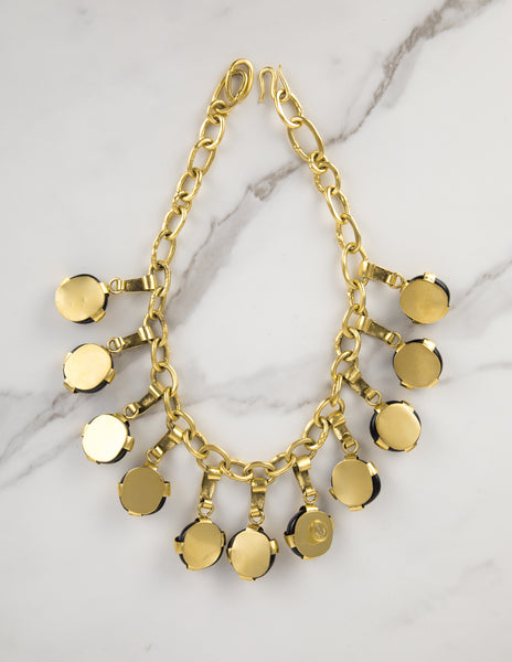 Frances Patiky Stein Vintage Black Gripoix Charm and Golden Chain Necklace