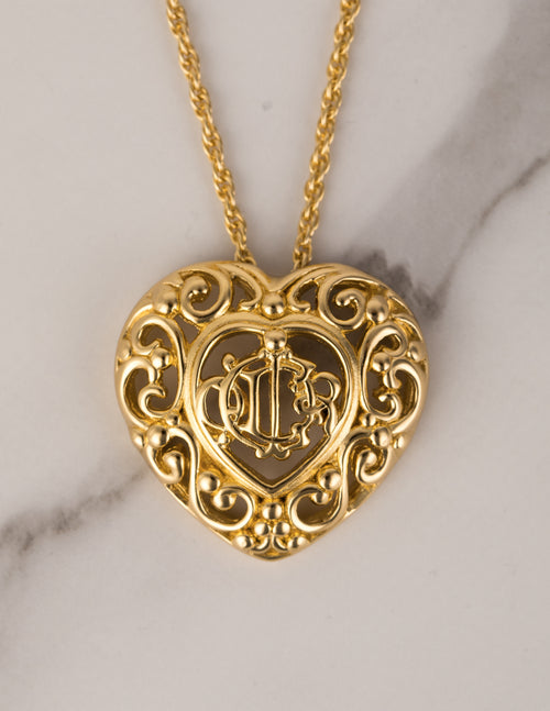 Christian Dior Vintage Golden Monogram Logo Baroque Heart Necklace