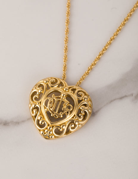 Christian Dior Vintage Golden Monogram Logo Baroque Heart Necklace