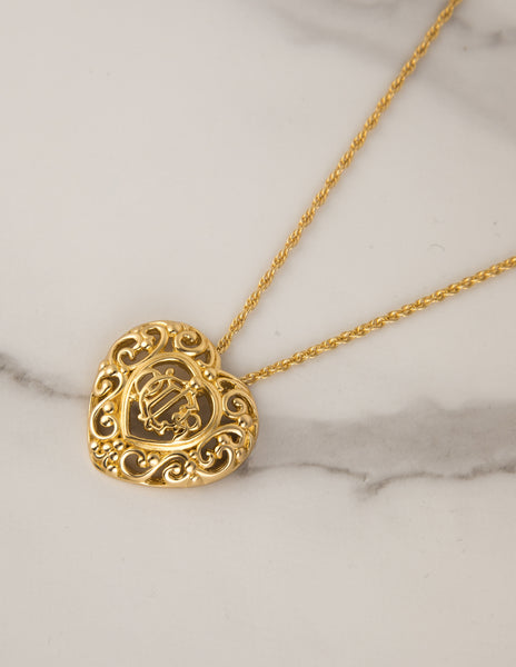 Christian Dior Vintage Golden Monogram Logo Baroque Heart Necklace