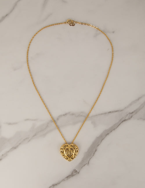 Christian Dior Vintage Golden Monogram Logo Baroque Heart Necklace