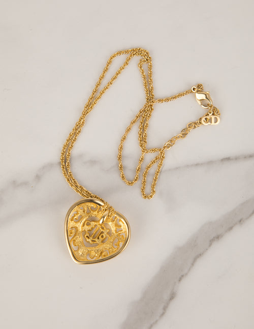 Christian Dior Vintage Golden Monogram Logo Baroque Heart Necklace