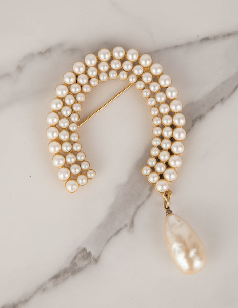 Karl Lagerfeld Vintage Pearl Encrusted Golden Horseshoe Brooch