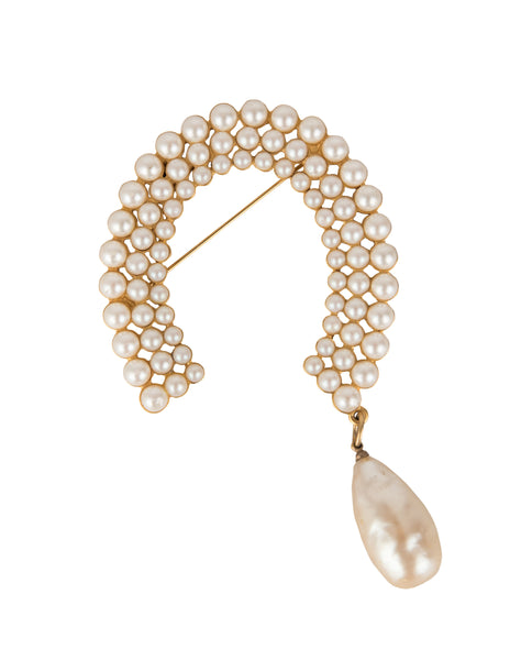 Karl Lagerfeld Vintage Pearl Encrusted Golden Horseshoe Brooch