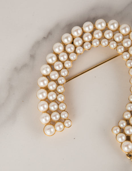 Karl Lagerfeld Vintage Pearl Encrusted Golden Horseshoe Brooch
