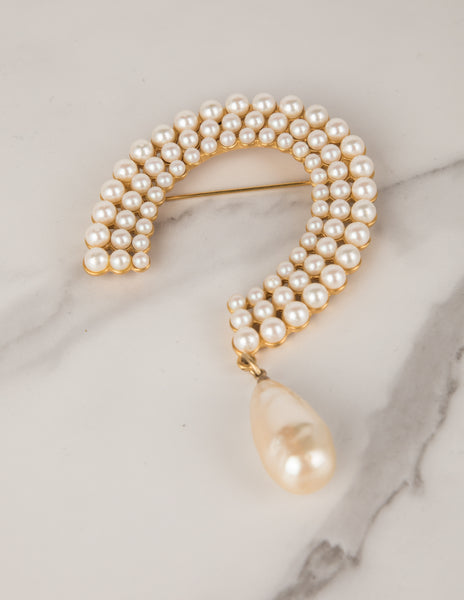 Karl Lagerfeld Vintage Pearl Encrusted Golden Horseshoe Brooch