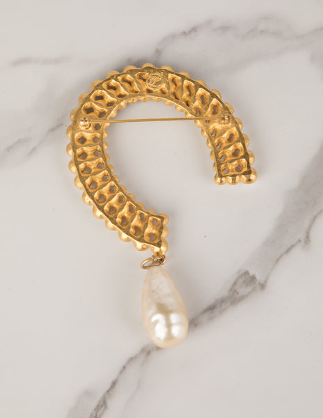 Karl Lagerfeld Vintage Pearl Encrusted Golden Horseshoe Brooch