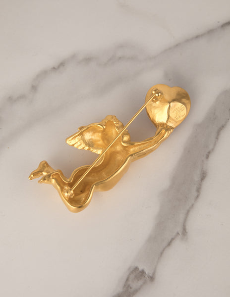 Karl Lagerfeld Vintage Golden Cherub and Magenta Heart Brooch