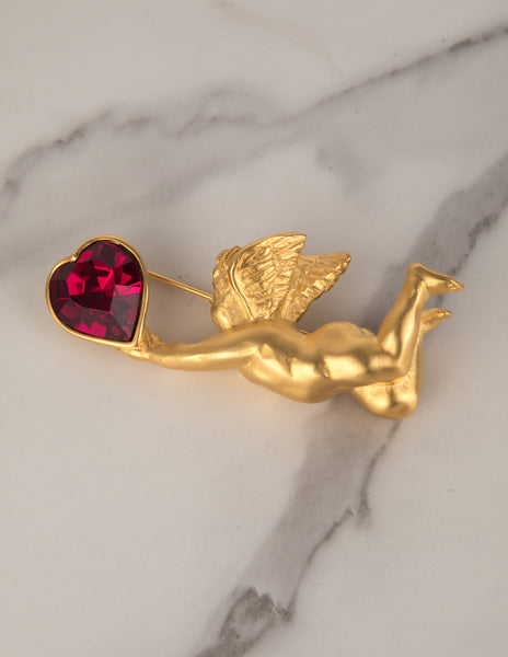 Karl Lagerfeld Vintage Golden Cherub and Magenta Heart Brooch