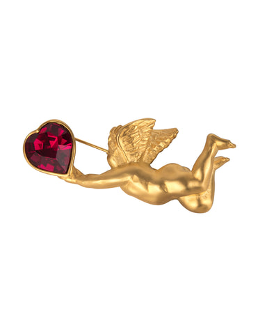 Karl Lagerfeld Vintage Golden Cherub and Magenta Heart Brooch