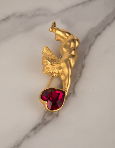 Karl Lagerfeld Vintage Golden Cherub and Magenta Heart Brooch