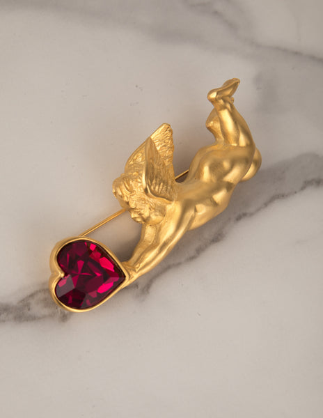 Karl Lagerfeld Vintage Golden Cherub and Magenta Heart Brooch