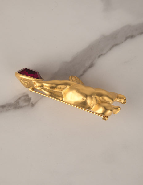 Karl Lagerfeld Vintage Golden Cherub and Magenta Heart Brooch