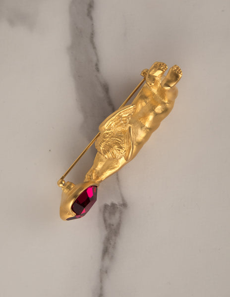 Karl Lagerfeld Vintage Golden Cherub and Magenta Heart Brooch