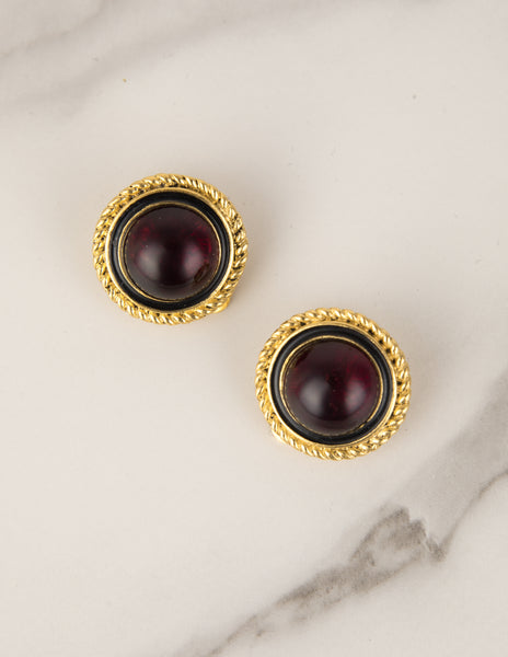 Chanel Vintage 1983 Bordeaux Gripoix Dome Golden Earrings