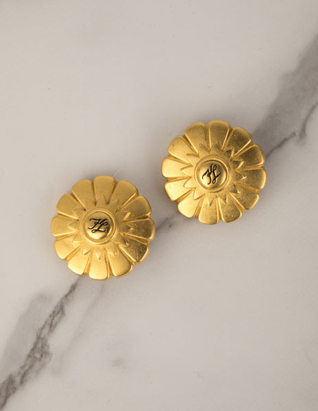 Karl Lagerfeld Vintage Golden Large Flower Burst Logo Earrings