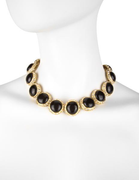Yves Saint Laurent Vintage Crystal and Ebony Cabochon Golden Necklace